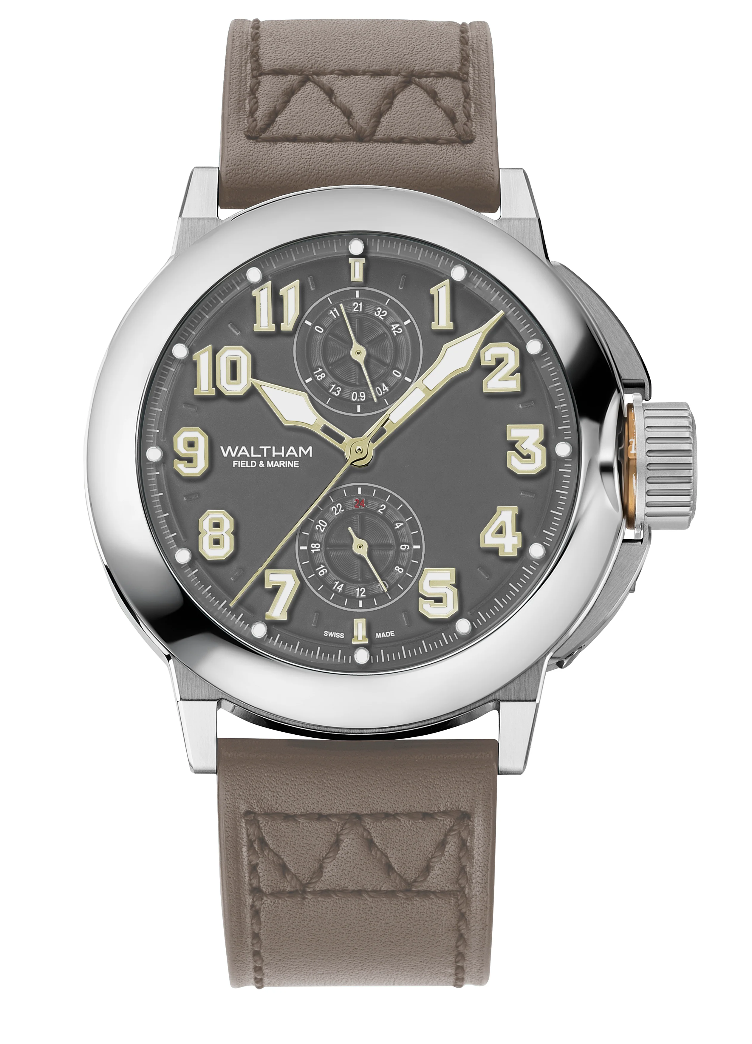 Field & Marine Dual Time Matt Military Dark Grey Dial Taupe Strap